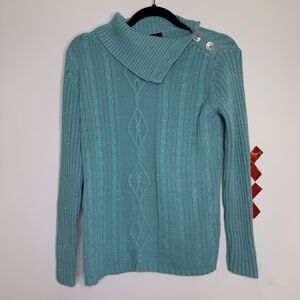 Vtg 90s Aqua Envelope Neck Sparkly Cable Knit Sweater Cottagecore Fairy Boho M